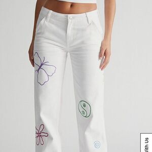 PacSun graphic low rise carpenter White Jeans with Colorful Embroidery
